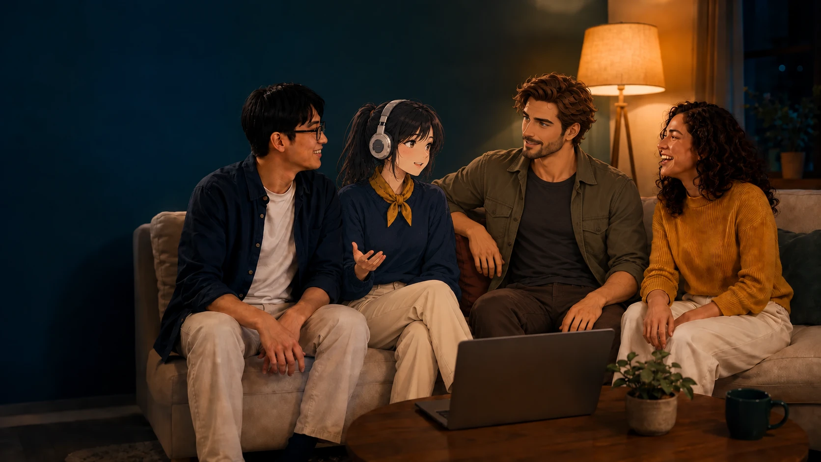 Two human friends, Yuki the anime AI woman and Ray the 3D AI man, sharing a moment together.